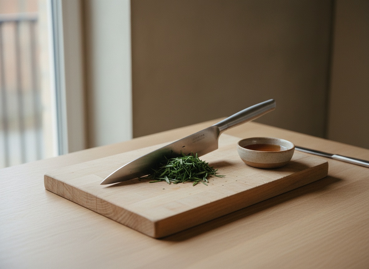 Manos machacando hojas de romero con el dorso de un cuchillo sobre una tabla de madera clara; al lado, un cuenco refractario pequeño con miel ambarina espesa esperando la infusión.