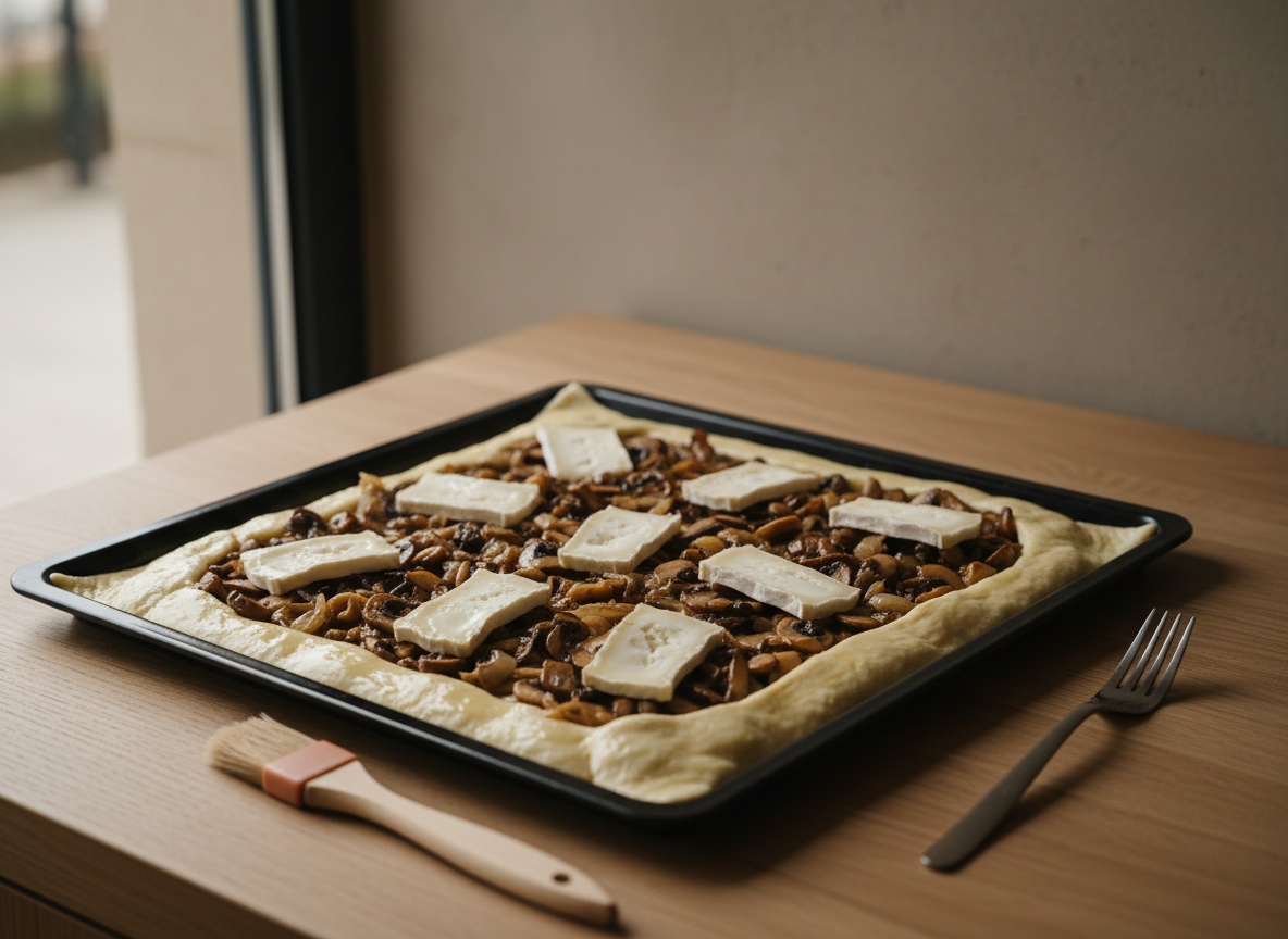 Tarta de hojaldre cruda montada sobre bandeja: relleno de setas y cebolla en el centro, rodajas de queso de cabra separadas encima, el marco pintado de huevo con brillo y un pincel de cocina apoyado al lado.