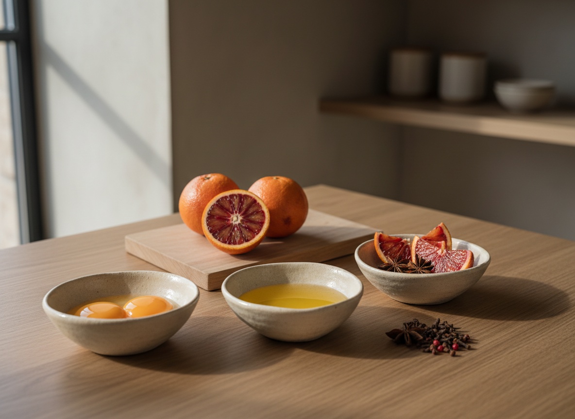 Yemas de huevo, mantequilla clarificada, naranjas sanguinas y especias para la maltaise, vistos de lado sobre tabla de roble, luz natural desde la izquierda.