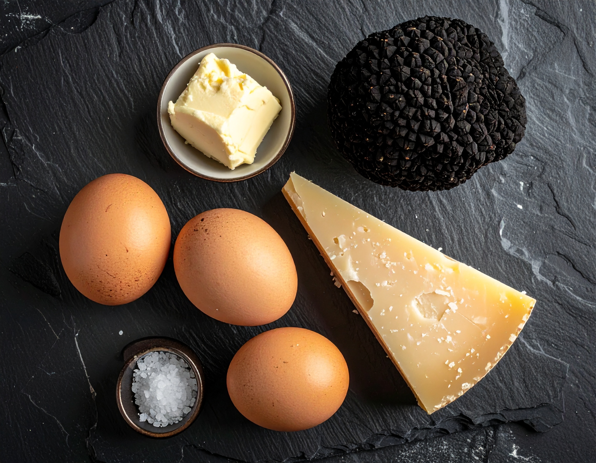 Flat lay de huevos frescos, trufa negra, parmesano y mantequilla sobre pizarra oscura