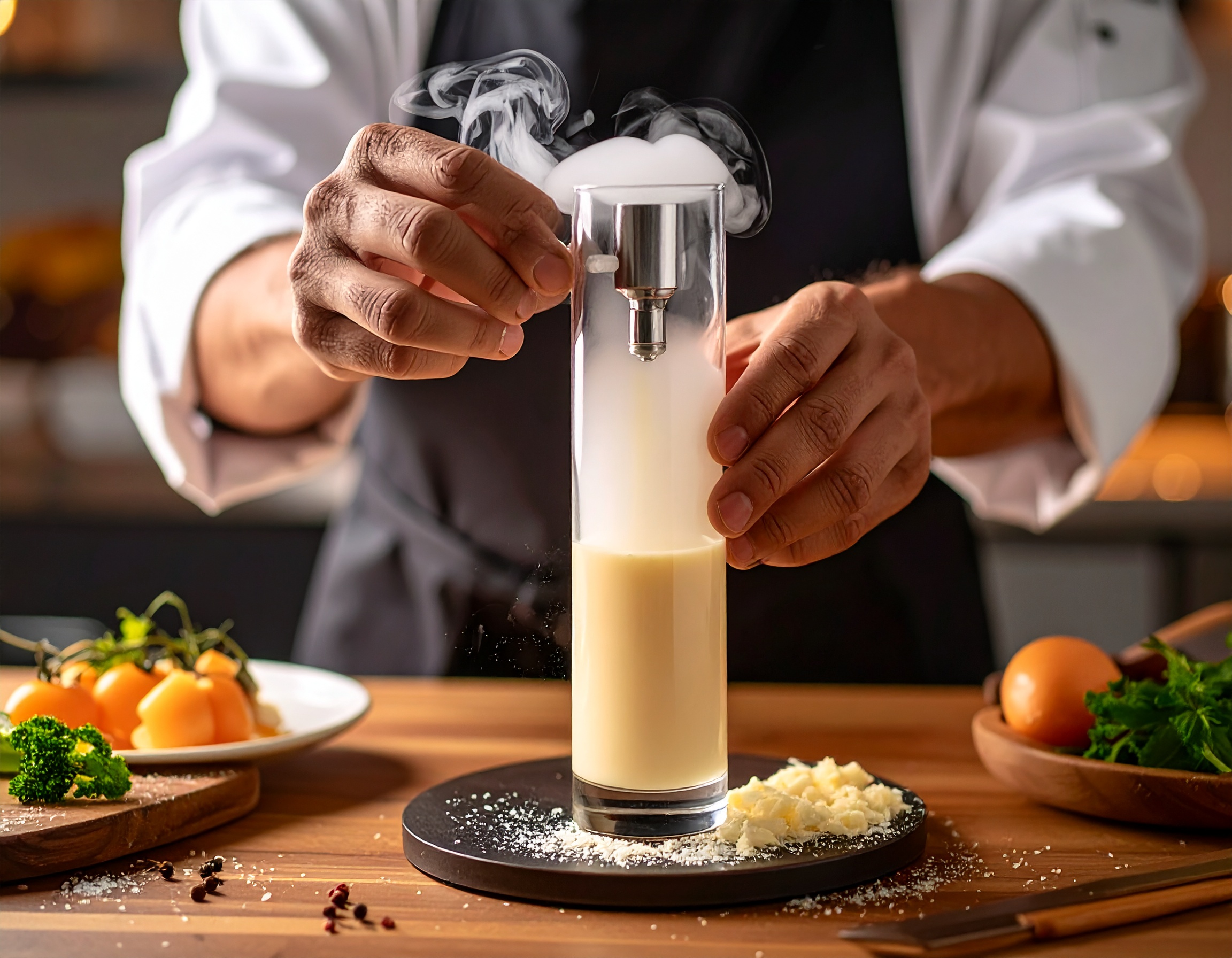 Sifón ISI siendo cargado con N₂O para la espuma de parmesano