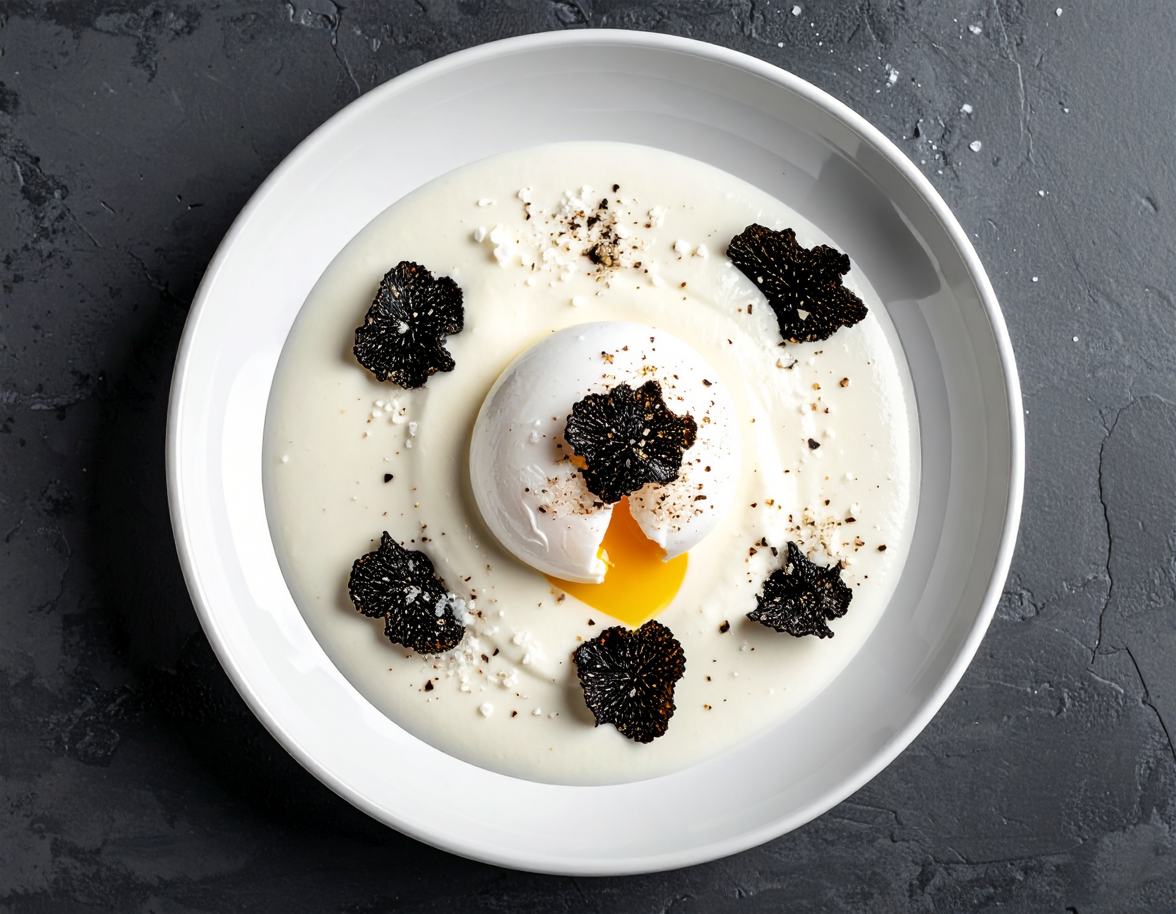 Huevo a 63°C emplatado con espuma de parmesano y trufa negra en bol blanco