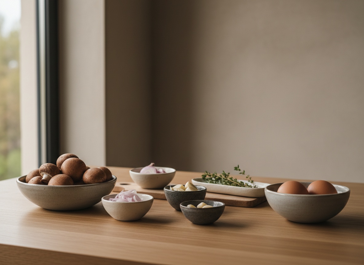 Champiñones, chalota, ajo, tomillo y huevos en cuencos de cerámica artesanal vistos de lado sobre tabla de roble, con luz natural desde la izquierda.
