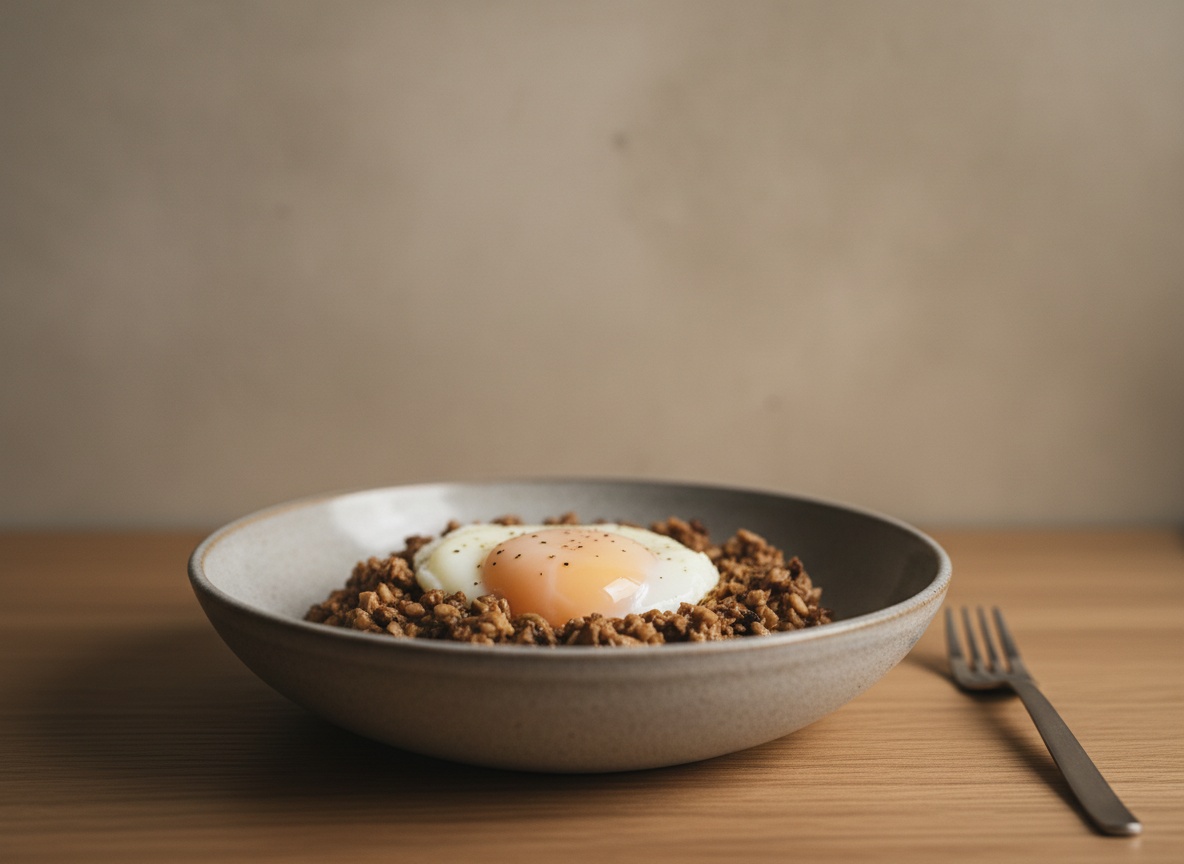 Huevo cocido a baja temperatura con la yema líquida sobre una base de duxelles de champiñón y cebollino, en plato de cerámica artesanal sobre tabla de roble con luz natural desde la izquierda.