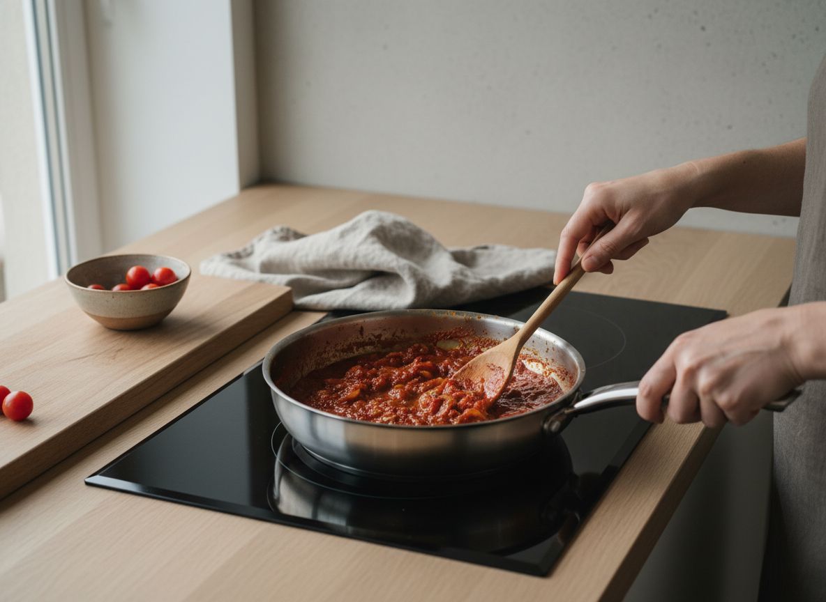 Cebolla y pimiento verde sofriéndose despacio en aceite de oliva con el ajo laminado recién incorporado