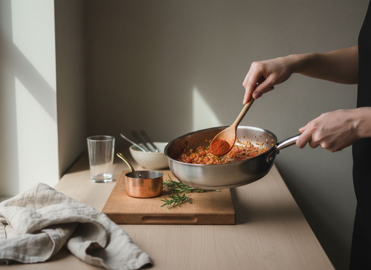 Sofrito de tomate con pimentón de la Vera reducido en la sartén, con el aceite anaranjado aflorando por los bordes