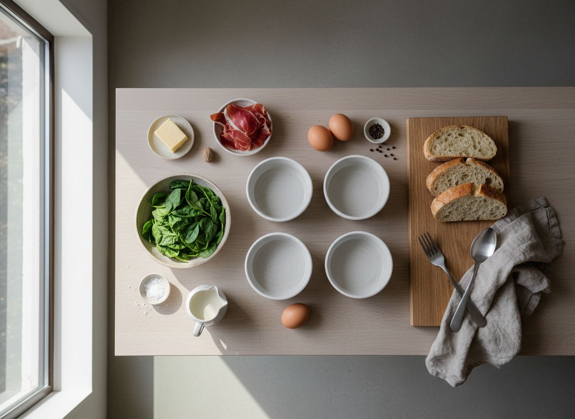 Ingredientes del huevo cocotte pesados sobre mármol: huevos camperos, espinaca fresca, nata, tiras de jamón ibérico, mantequilla y una cuña de parmesano.