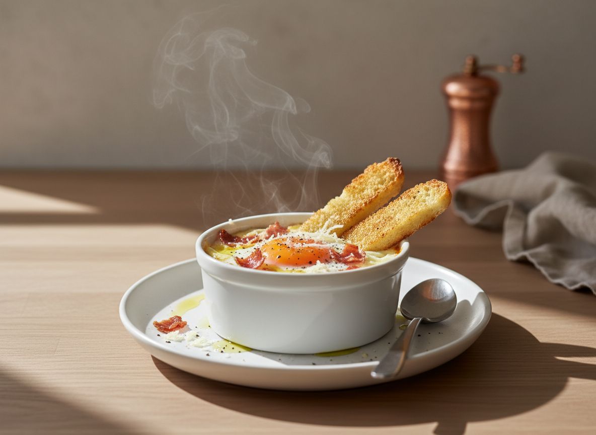 Huevo cocotte servido en ramequín blanco de porcelana con la yema líquida abierta sobre una cama de espinaca y jamón ibérico, parmesano rallado por encima y dos bastones de pan tostado apoyados en el borde.