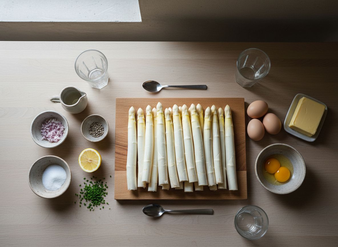 Mise en place sobre mármol: manojo de espárragos blancos de Navarra, huevos camperos, mantequilla, chalota, limón y granos de pimienta blanca.