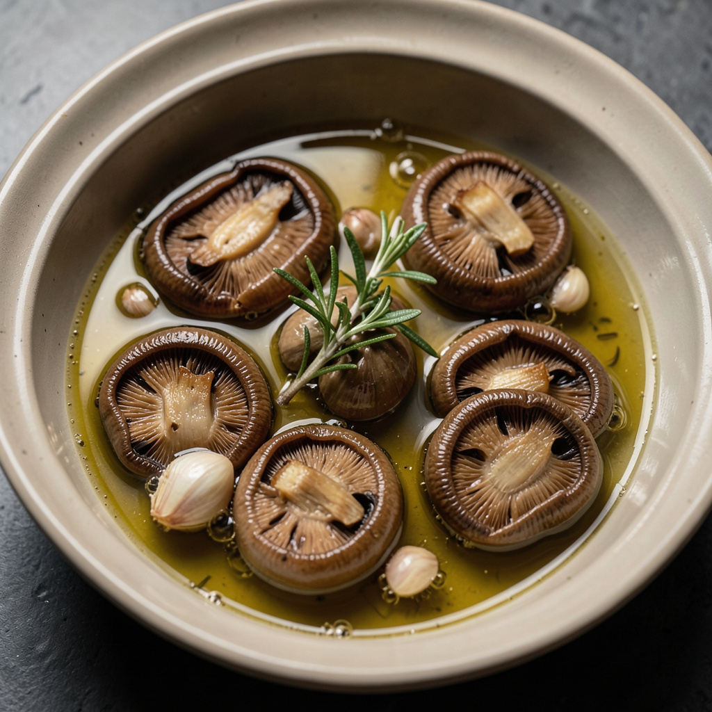 Sombreros de shiitake confitados en aceite a 70°C