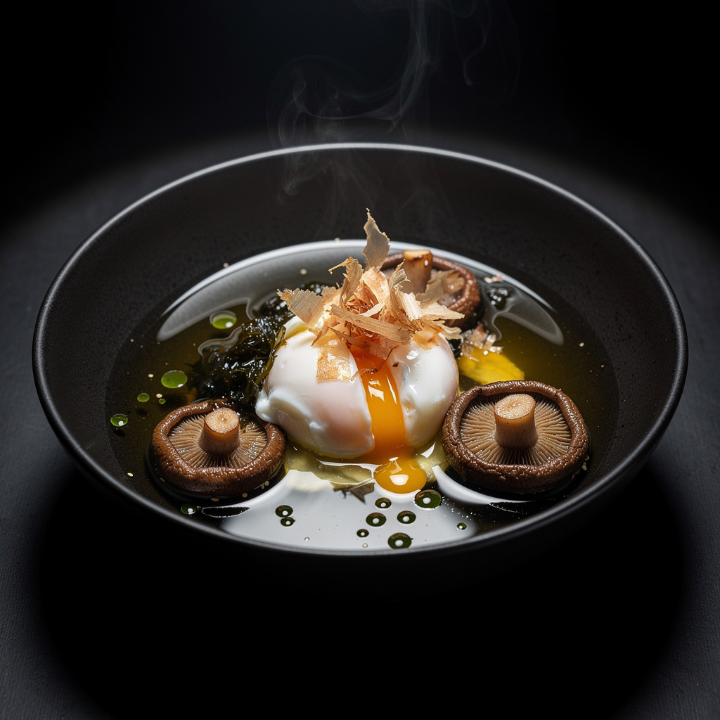 Huevo de corral escalfado en dashi honkarebushi en cuenco de cerámica negra con katsuobushi danzando sobre mantequilla de algas y shiitake confitado en caldo ambarino
