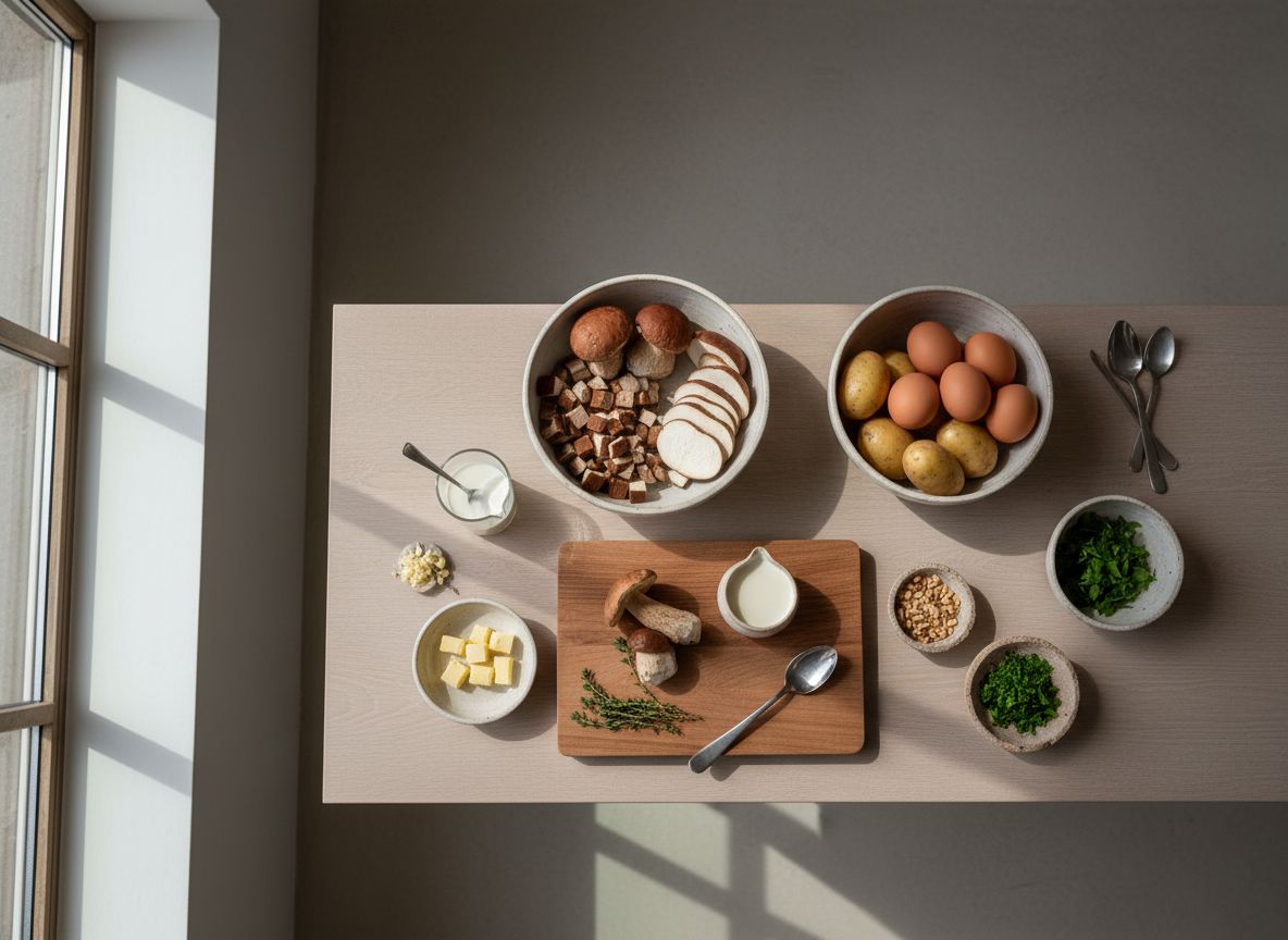 Ingredientes sobre madera: boletus edulis enteros, patatas agrias, mantequilla en dados, huevos camperos, avellanas y tomillo fresco.