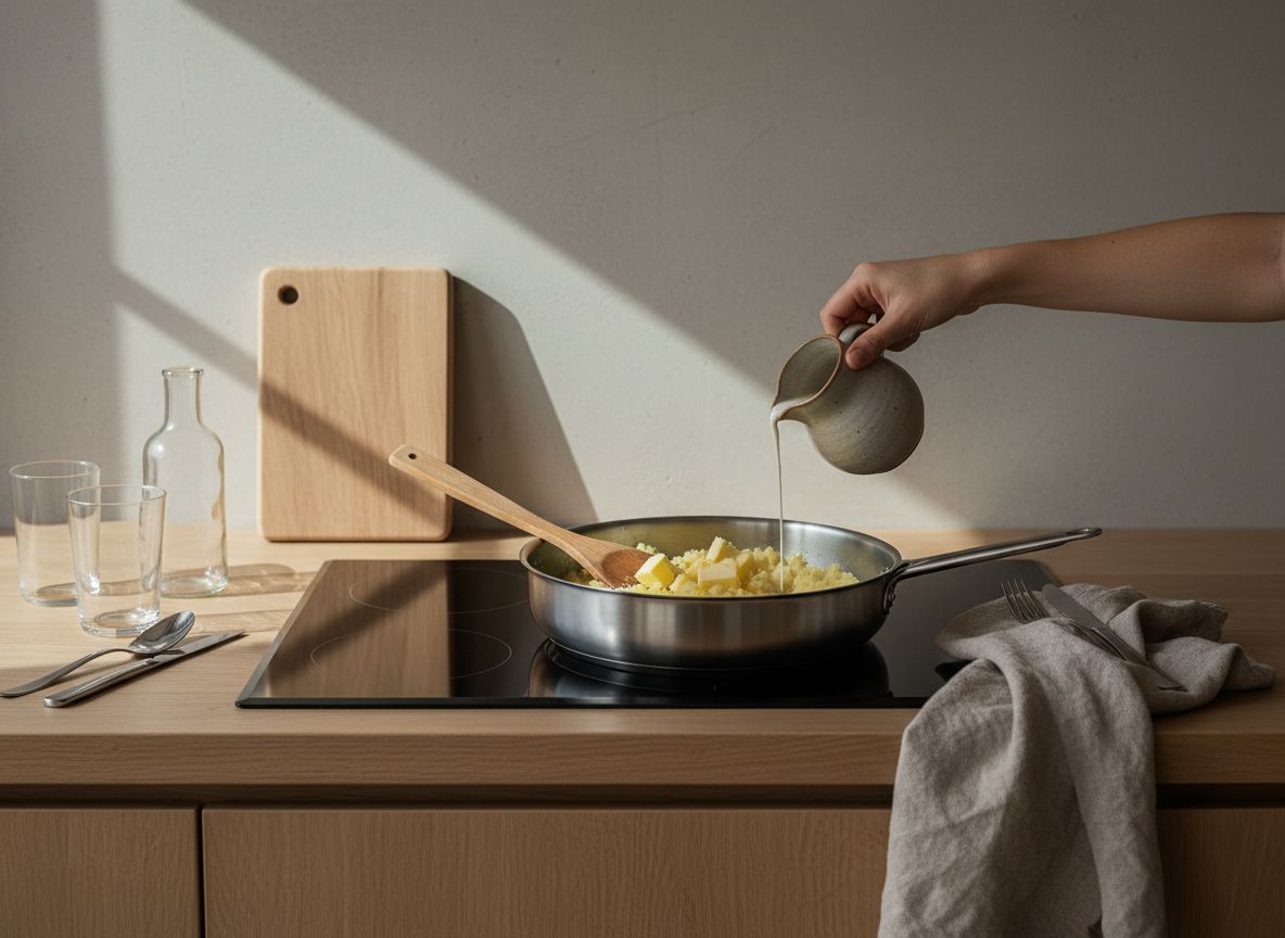 Mantequilla fría en dados integrándose a la espátula en el puré caliente hasta dejarlo brillante.