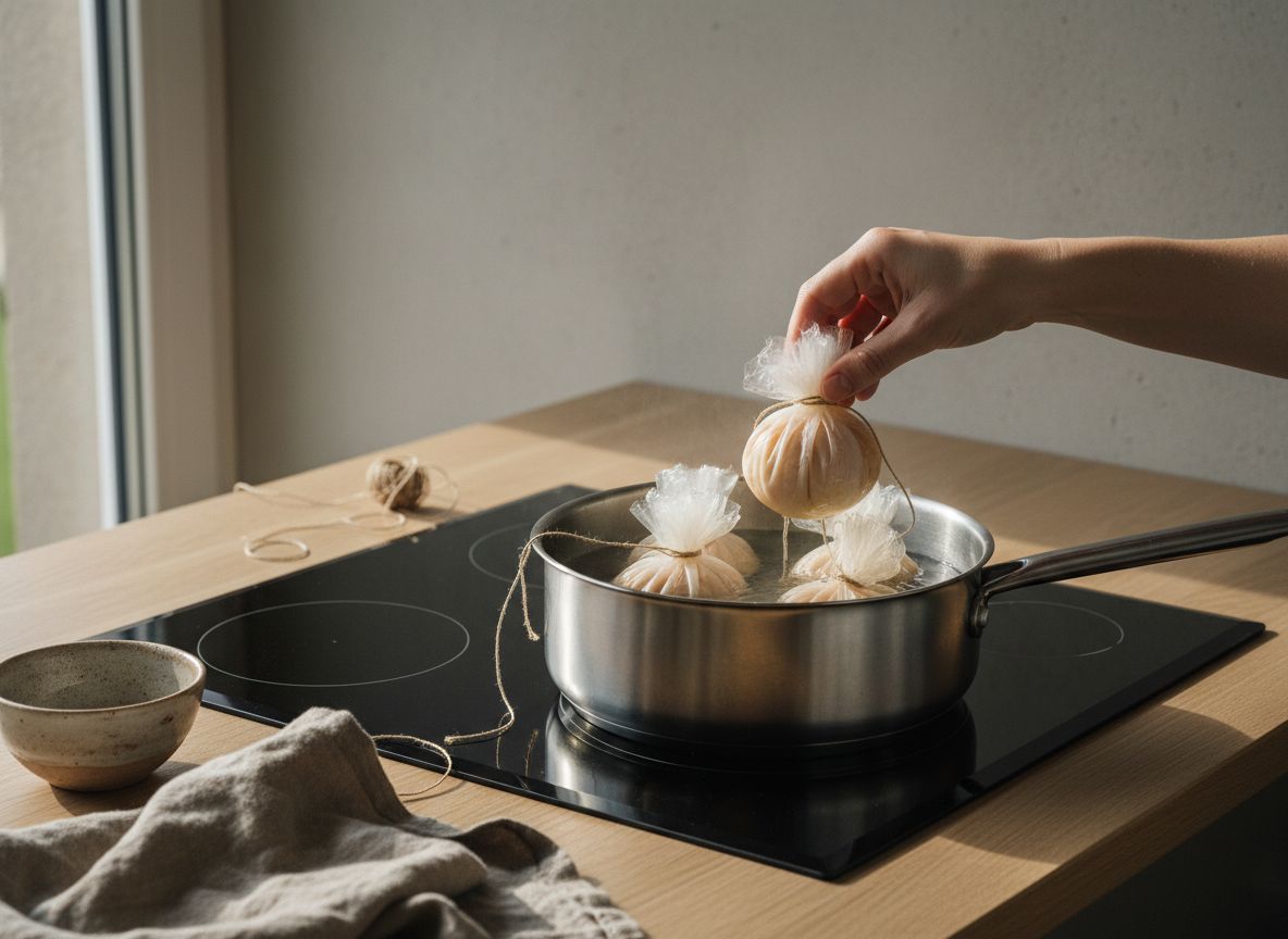 Saquitos de film atados con hilo de cocina flotando en un cazo con agua a 90 °C para escalfar los huevos.