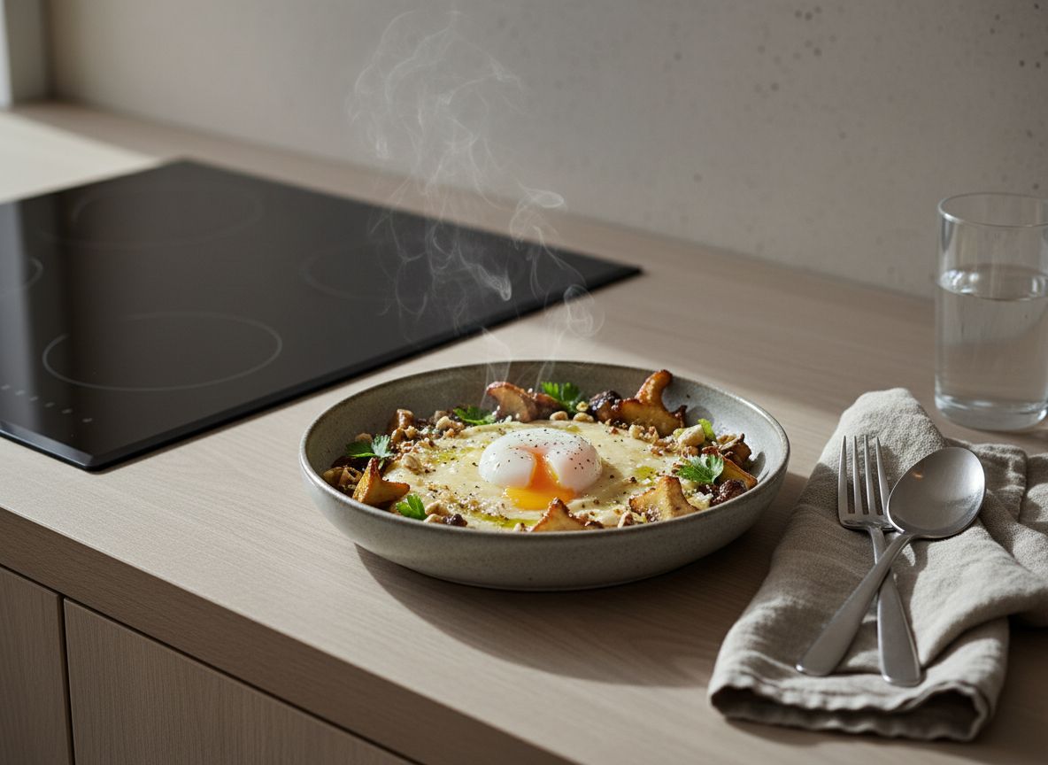 Plato hondo con un círculo de parmentier de patata y boletus, un huevo escalfado asentado en el centro con la yema abierta y láminas de boletus doradas y avellana machacada alrededor.