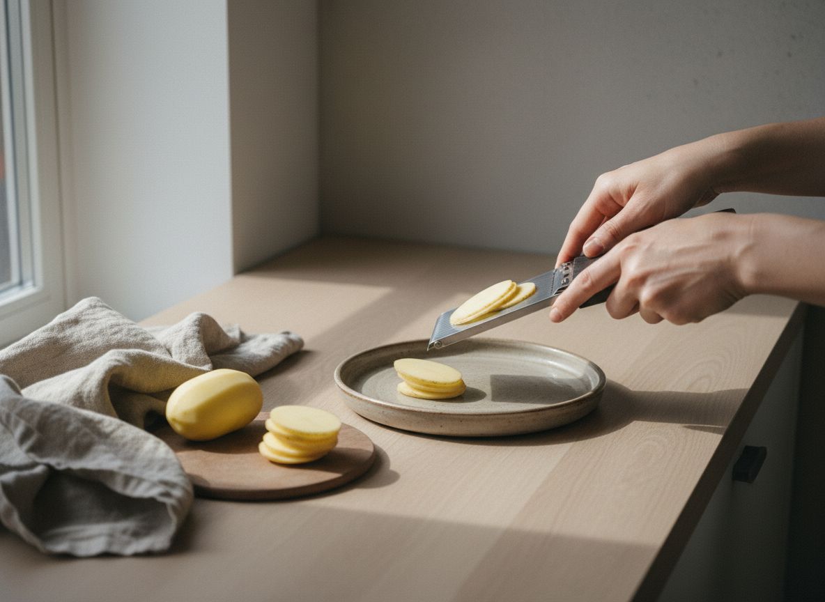 Pela las 2 patatas agria, unos 400 g, y córtalas con mandolina en láminas ovaladas de 3 mm exactos, todas del mismo