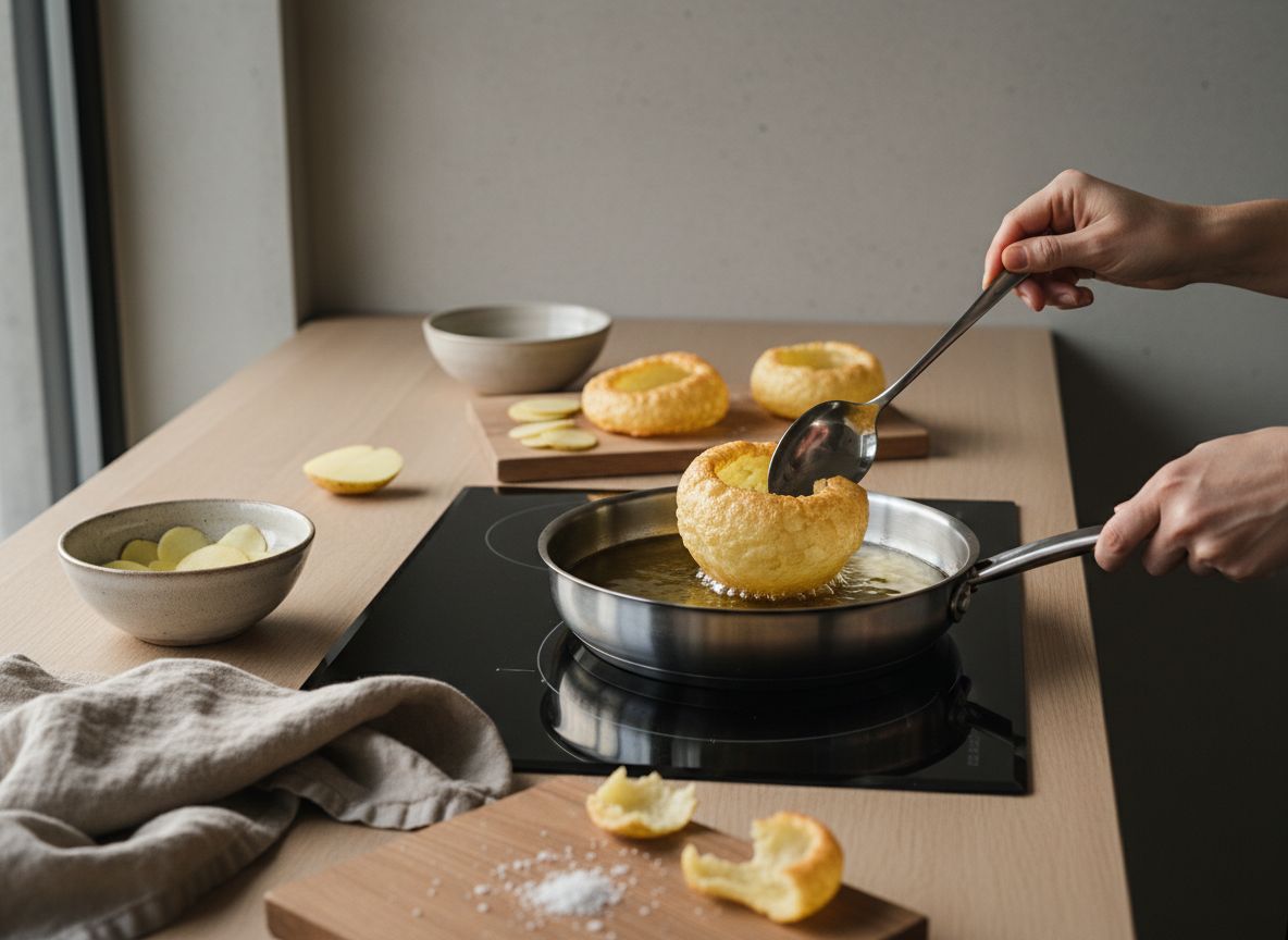 Segundo baño: sumerge las láminas frías de tres en tres en el aceite a 190 °C
