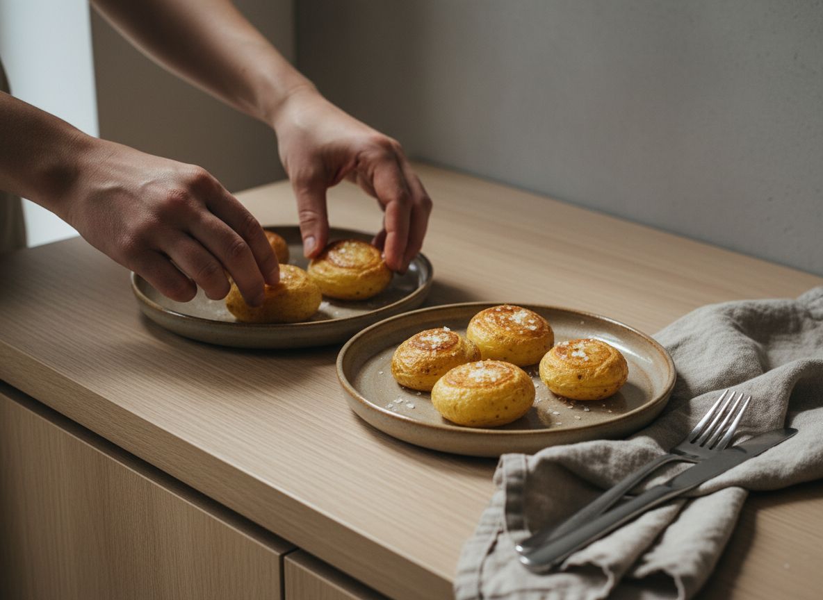 Monta rápido y con los platos calientes: reparte las patatas sufladas en la base y alrededor, coloca un huevo apoya