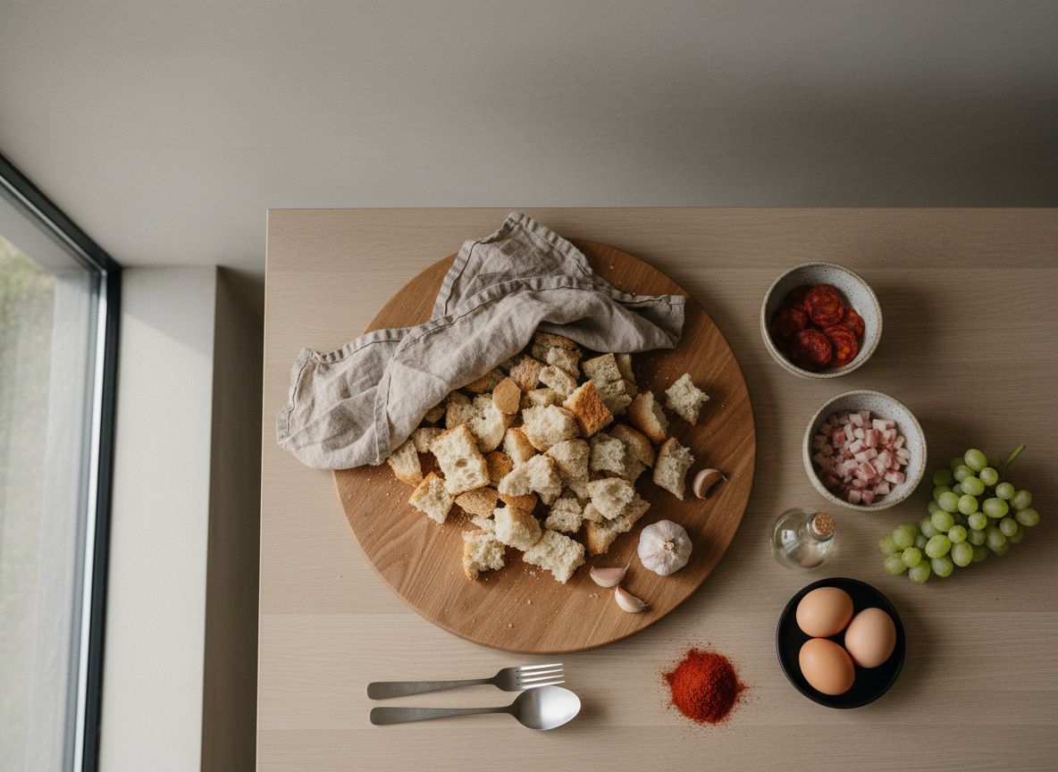 Huevo Poché sobre Migas con Uva y Chorizo — ingredientes