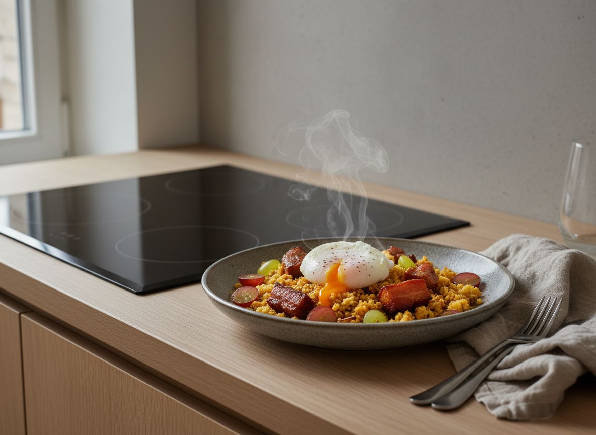 Huevo poché sobre migas de pastor doradas con chorizo y panceta, uvas blancas frescas alrededor y la yema empezando a fluir, en plato hondo de cerámica gris piedra