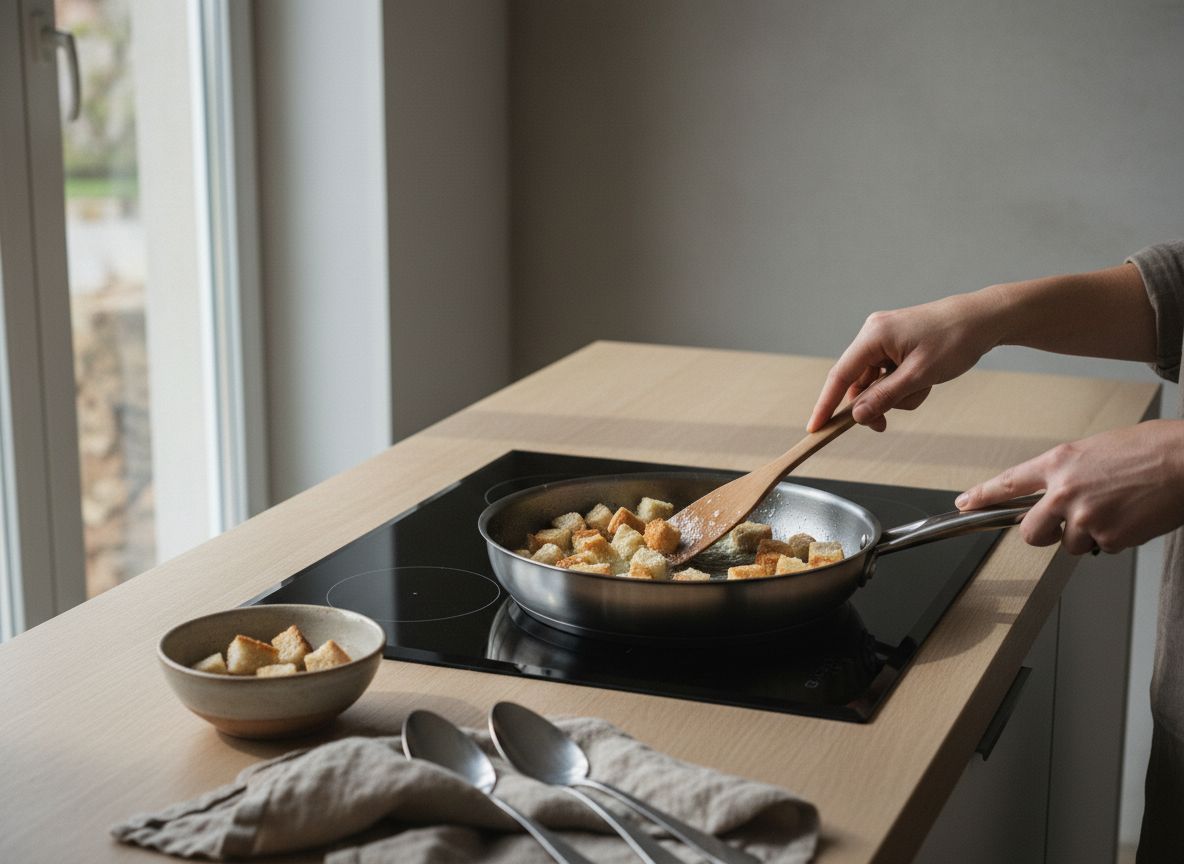 Mientras se cocinan los huevos, corta los 150 g de pan de hogaza asentado en dados pequeños e irregulares de 1 cm y