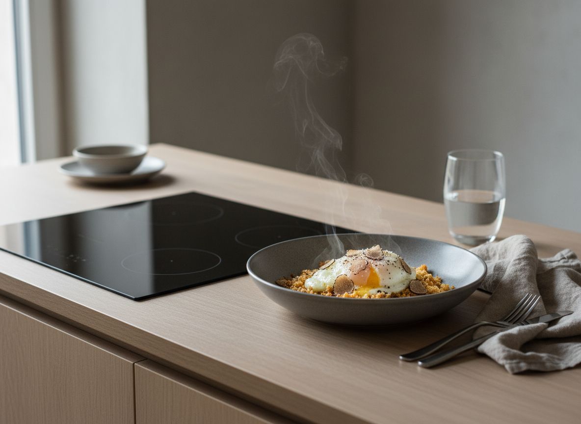 Huevo trufado a 63 grados con yema cremosa velada sobre lecho de migas doradas de pan y mantequilla, virutas de trufa negra y escamas de sal, en plato hondo de cerámica gris piedra