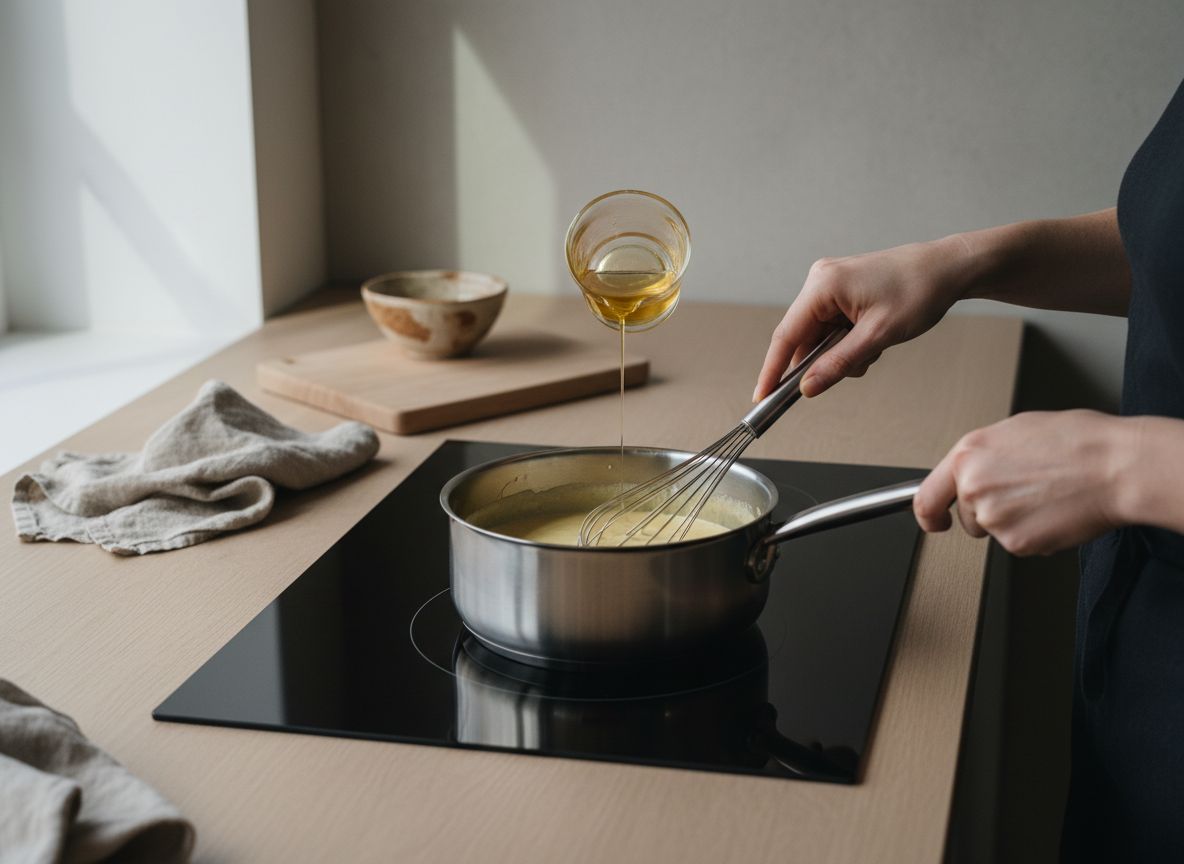 Escalfa los huevos: pon 2 litros de agua con los 30 ml de vinagre blanco a 90 °C, con la superficie temblando pero