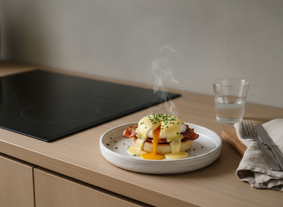 Huevos Benedict: muffin inglés con bacon, huevo escalfado napado de salsa holandesa amarilla brillante con cebollino, la yema rota fluyendo, en plato de cerámica blanco hueso