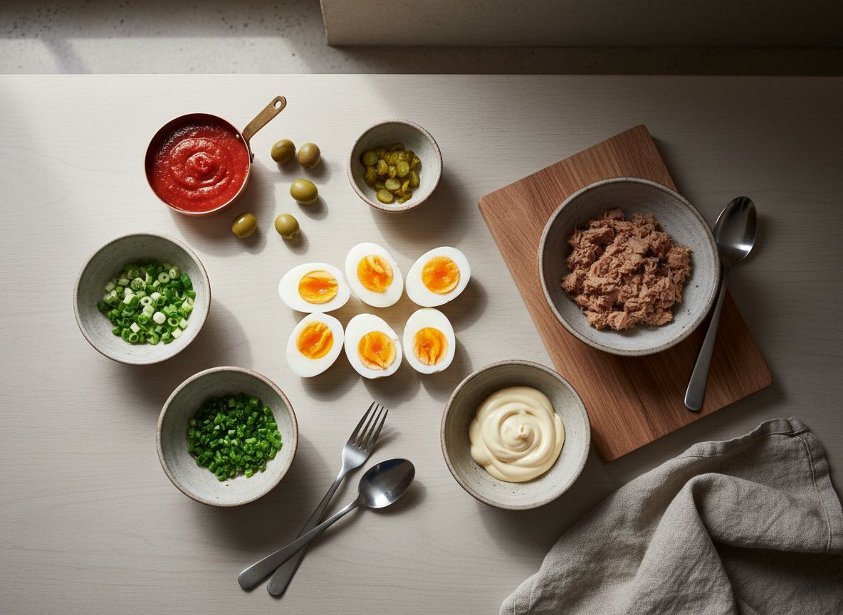 Huevos Rellenos de Atún y Mahonesa Gratinados — ingredientes