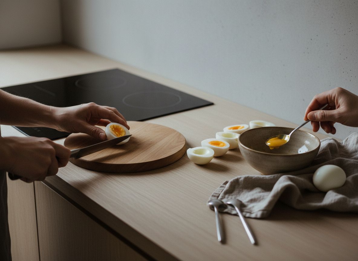 Pela los huevos y córtalos por la mitad a lo largo con un cuchillo fino, limpiando la hoja con un paño entre corte