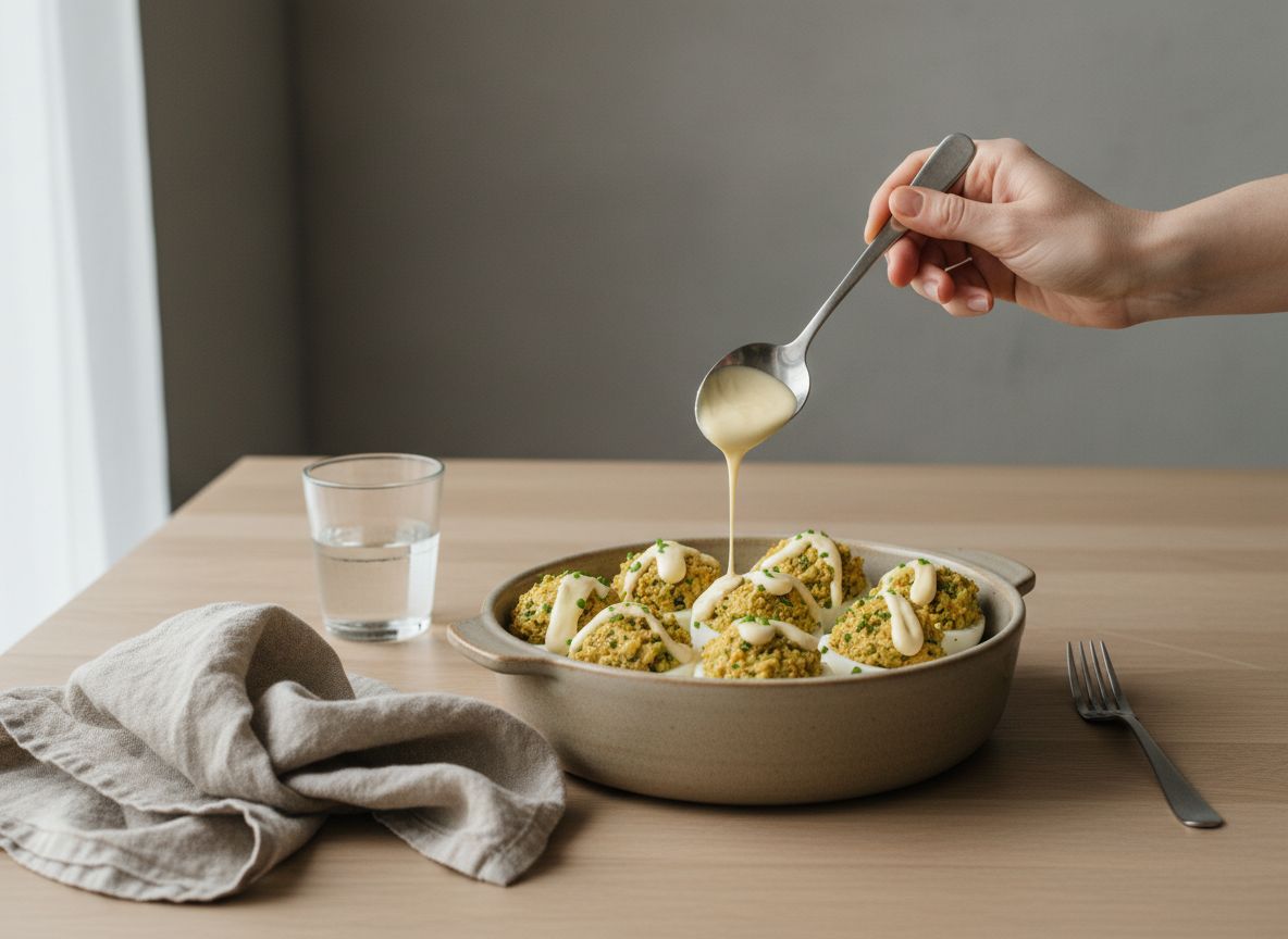 Coloca los huevos rellenos en una fuente de horno que los acomode juntos y bien apretados, para que se sostengan en