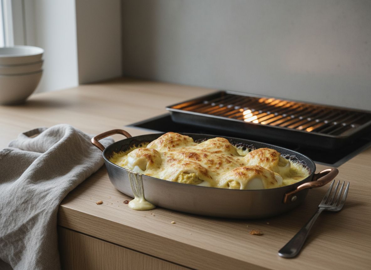 Gratina en el tercio superior del horno con el grill al máximo durante 3-4 minutos, sin apartarte del cristal en ni