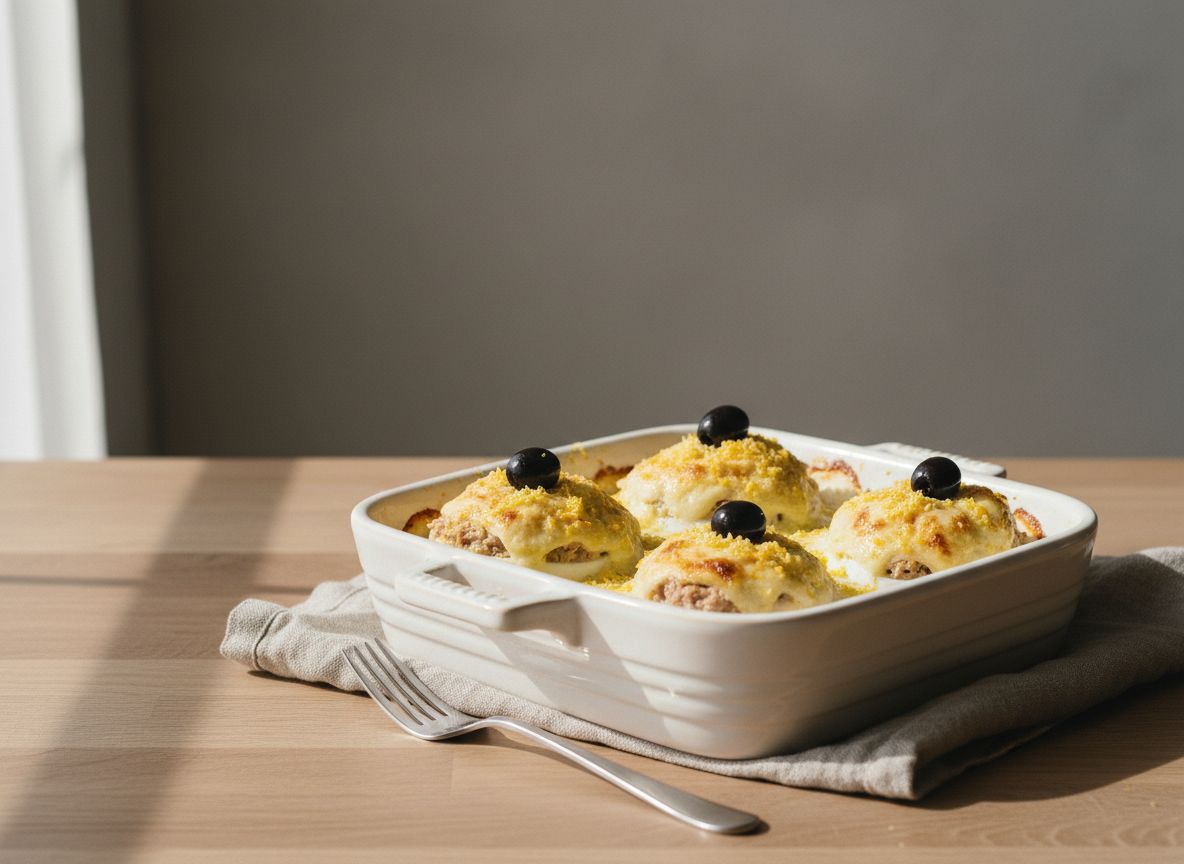 Huevos rellenos de atún gratinados con mahonesa dorada burbujeante y yema rallada por encima estilo mimosa, en fuente de cerámica blanco hueso