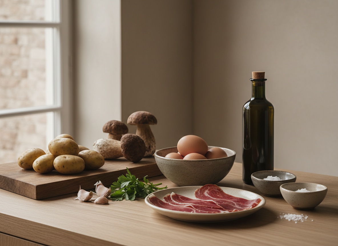Bodegón sobre encimera de piedra: patatas enteras sobre una tabla, boletus frescos, cuatro huevos en un cuenco cerámico gris, lonchas de jamón ibérico en un plato, ajo, perejil, botella de aceite y cuencos con sal.