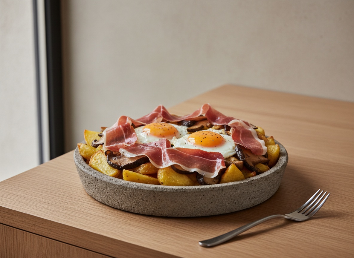 Fuente de cerámica gris piedra con patatas doradas, láminas de boletus salteadas por encima y dos huevos fritos enteros, con lonchas de jamón ibérico recién extendidas volviéndose translúcidas por el calor.