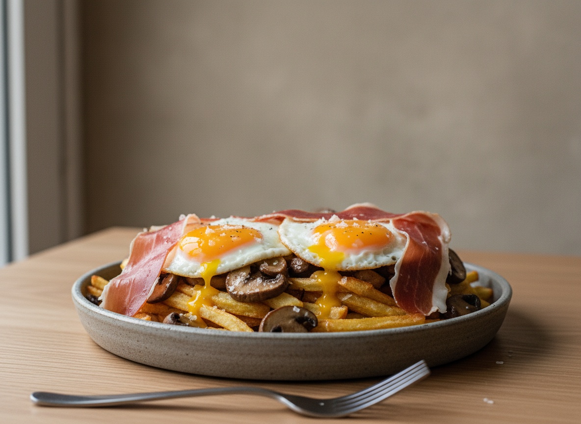 Fuente de cerámica gris piedra con patatas doradas en bastones, boletus salteados, huevos fritos con la yema líquida rota y lonchas de jamón ibérico encima.