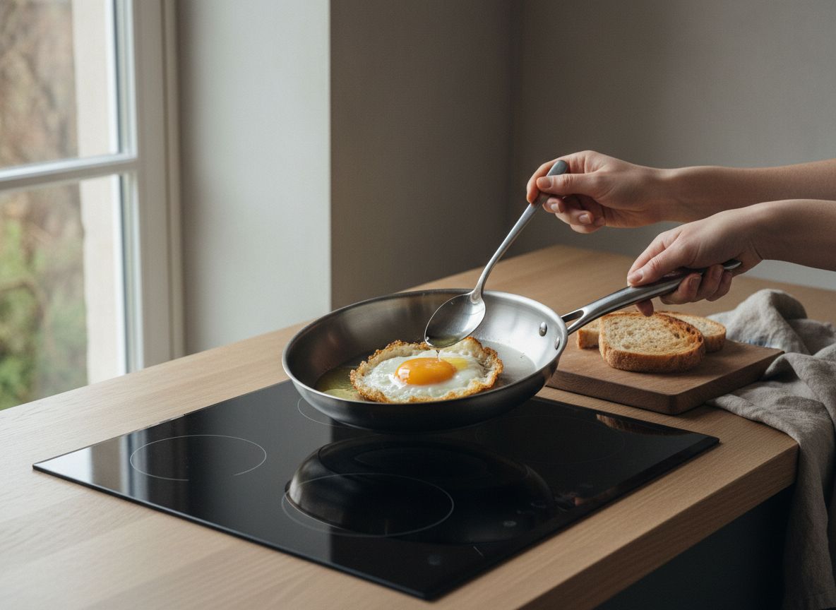 Coloca dos huevos fritos sobre cada montaña de patatas, apoyándolos con cuidado y dejando la puntilla bien a la vis