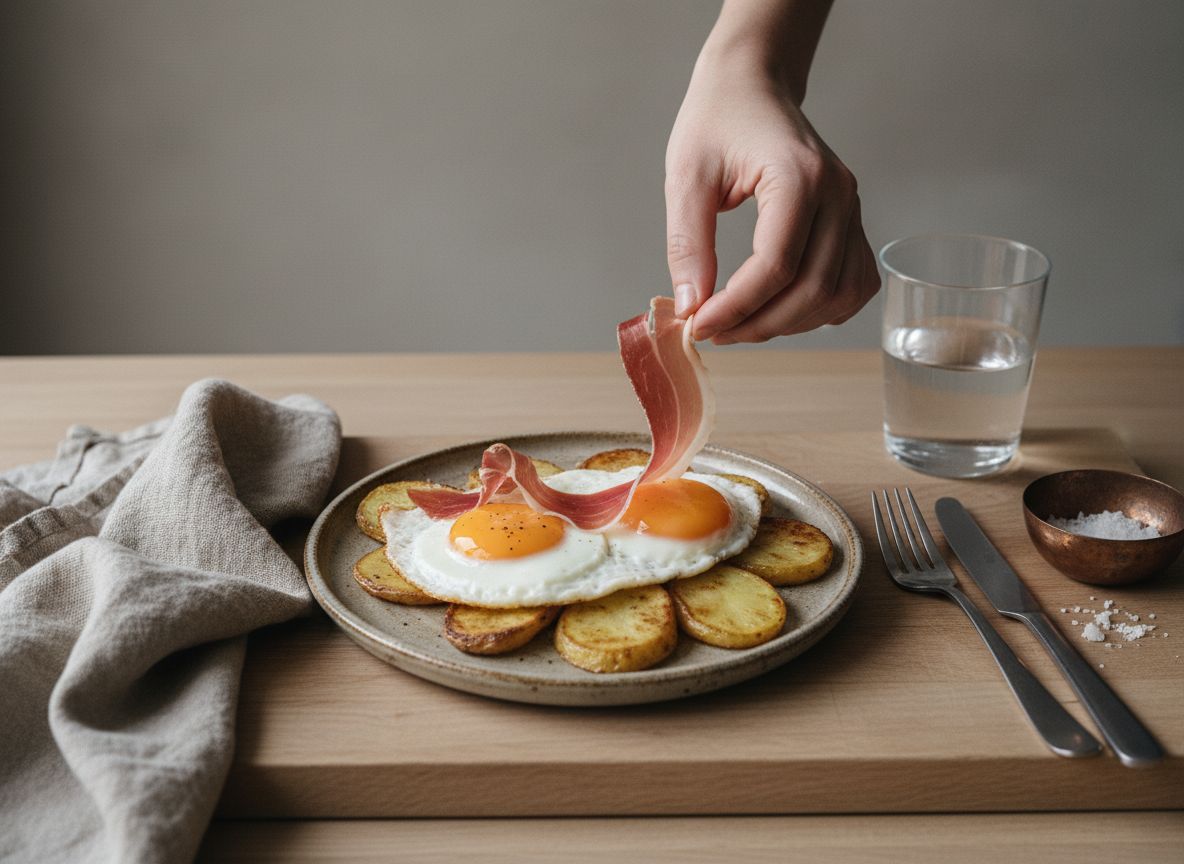 Reparte los 80 g de lascas de jamón ibérico alrededor y sobre los huevos, sin llegar a cubrirlos del todo, y déjala