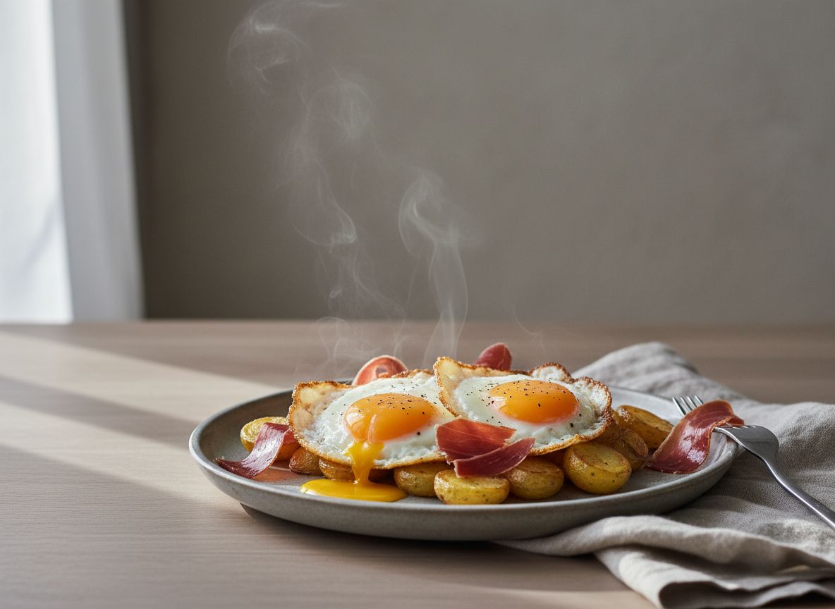 Huevos rotos con puntilla dorada sobre patatas confitadas y lascas de jamón ibérico atemperadas, con la yema rota fluyendo, en plato de cerámica gris piedra