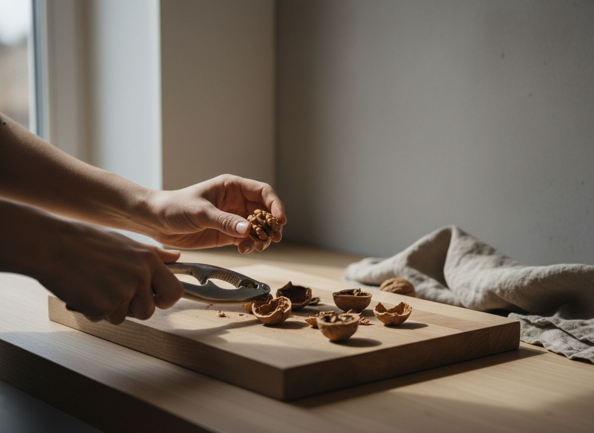 Casca los 100 g de nueces con calma, presionando por la costura para sacar las mitades enteras, y retira con los de