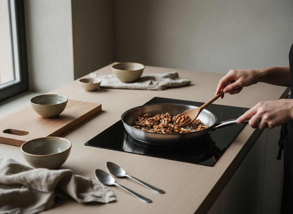 Tuesta las nueces limpias en una sartén seca a fuego medio-bajo durante 4 minutos, moviéndolas cada 30 segundos par