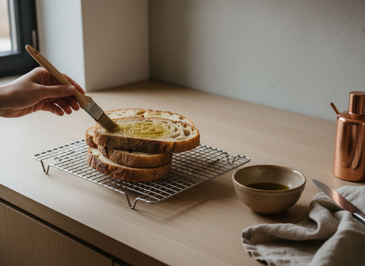 Tuesta las 8 rebanadas finas de pan de pasas y nueces, o de hogaza, hasta que estén doradas y crujientes, unos 4 mi