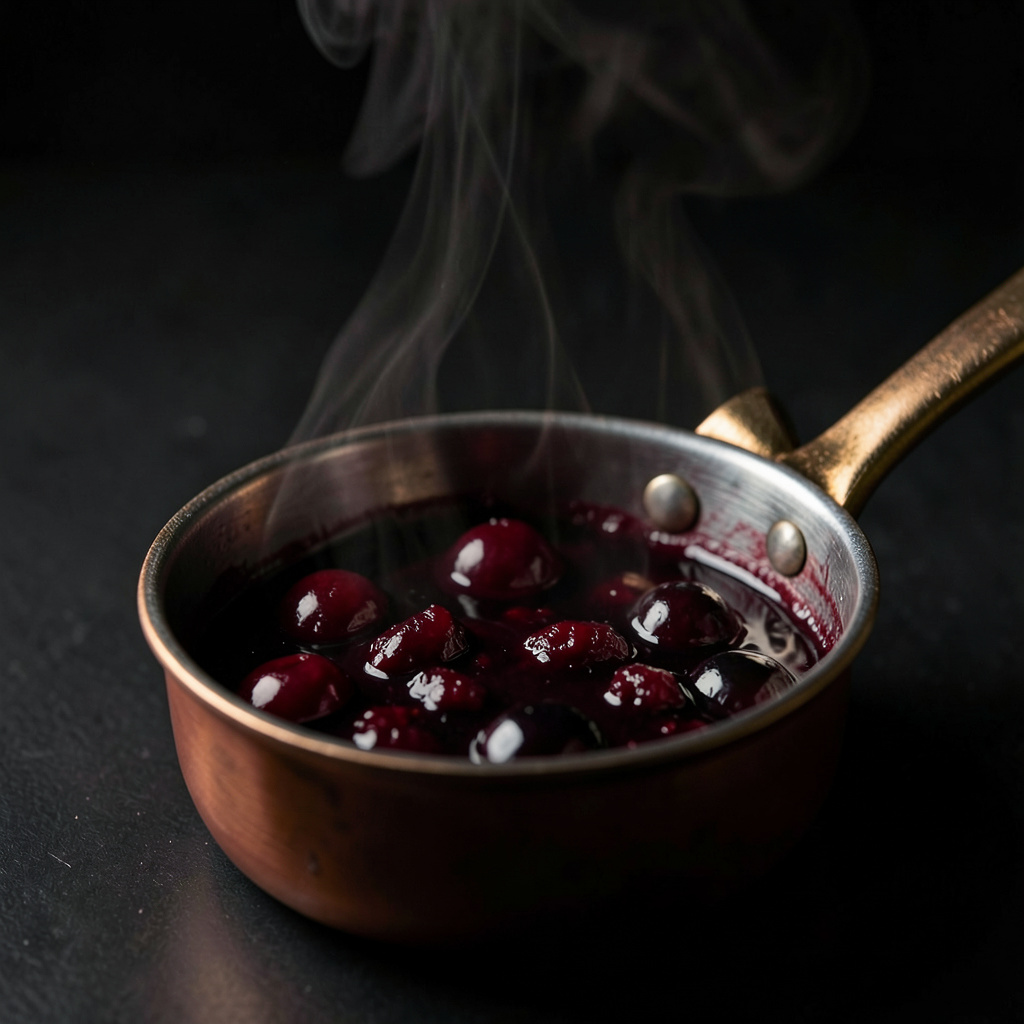 Chutney de cereza negra reduciéndose en cazo de cobre