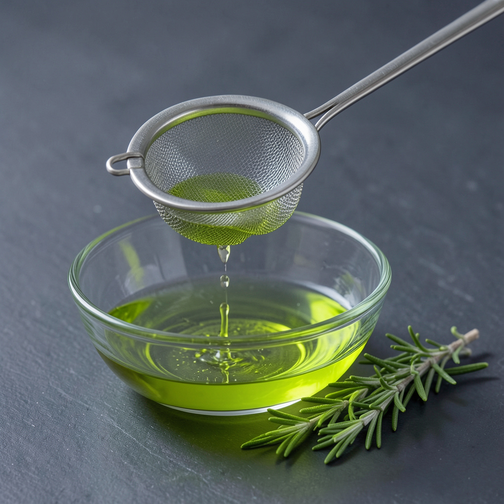 Aceite de romero verde colándose por tamiz fino