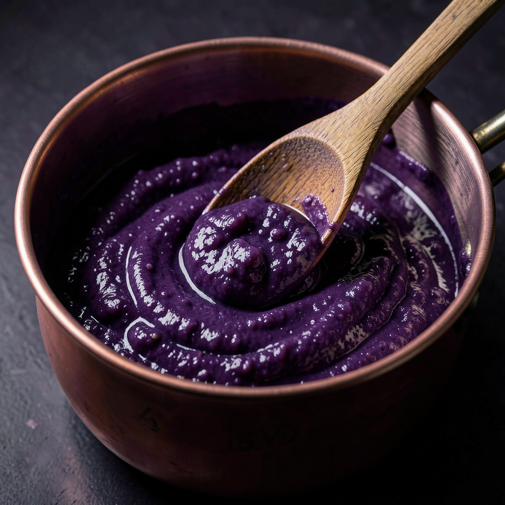 Polenta de maíz morado violeta intenso en cazo de cobre