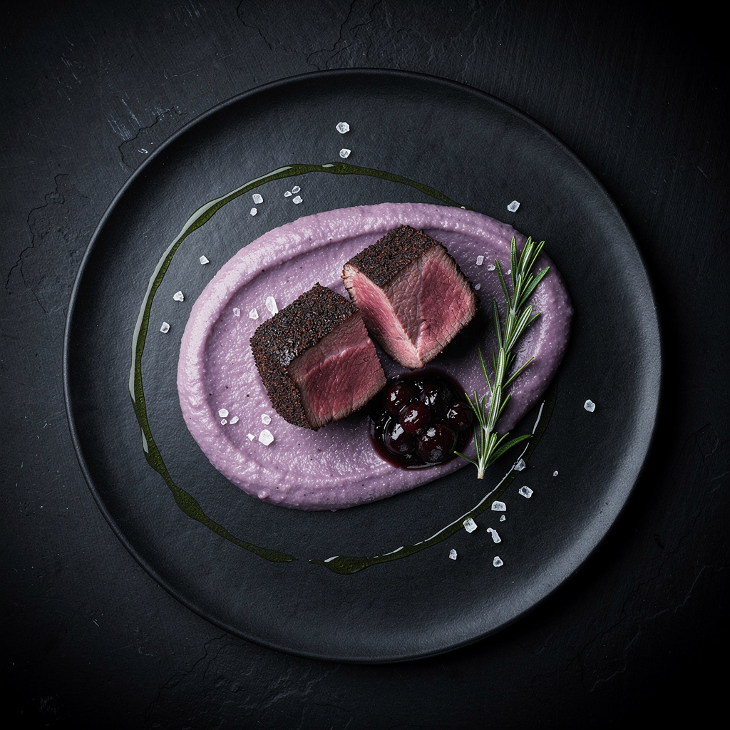 Solomillo de jabalí silvestre con costra de café y pimentón sobre polenta de maíz morado con chutney de cereza negra y aceite de romero en plato de pizarra