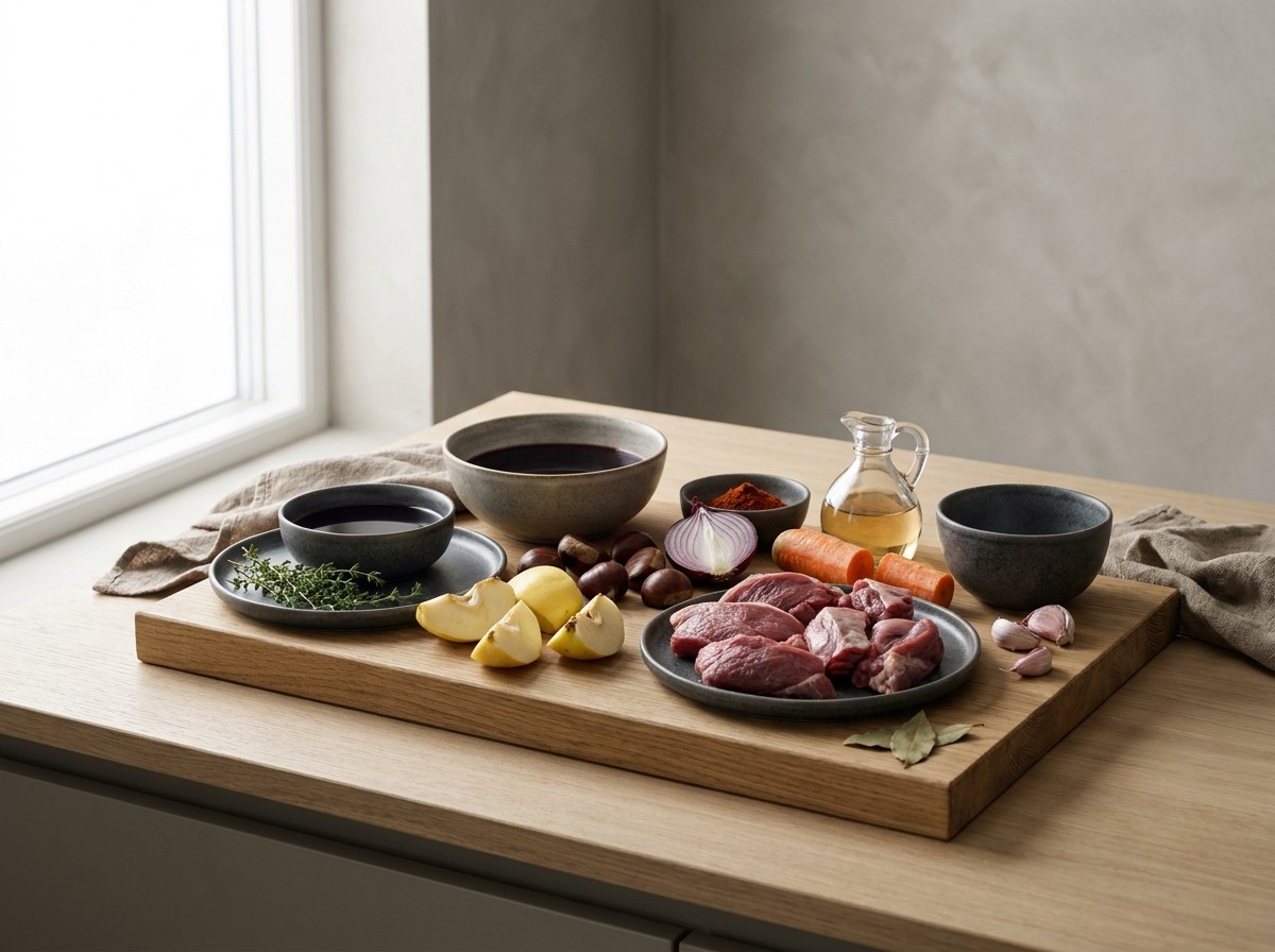 Ingredientes: jabalí troceado, vino tinto, membrillo, castañas, ajo y pimentón