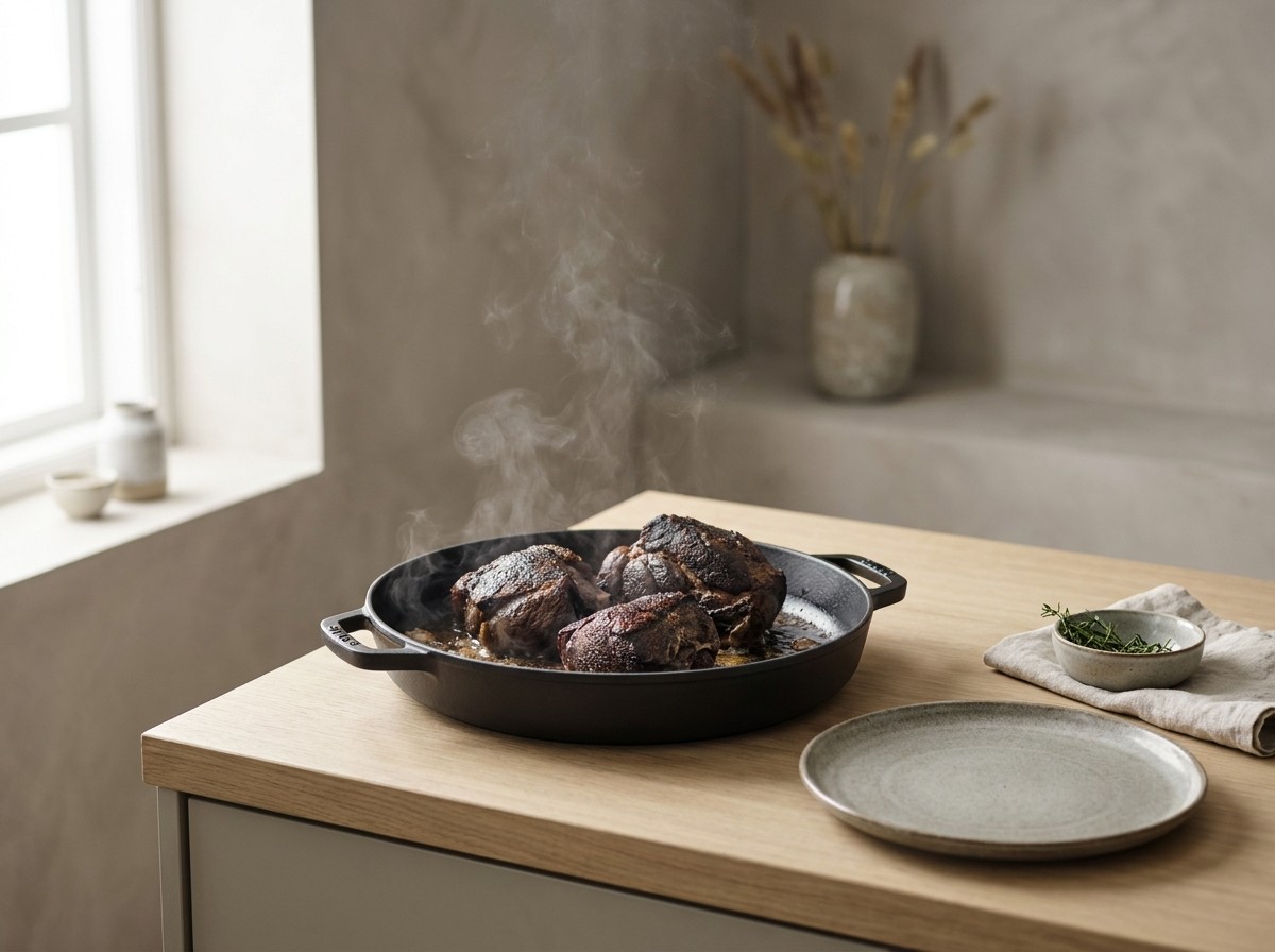 Jabalí dorándose en la cocotte tras el adobo