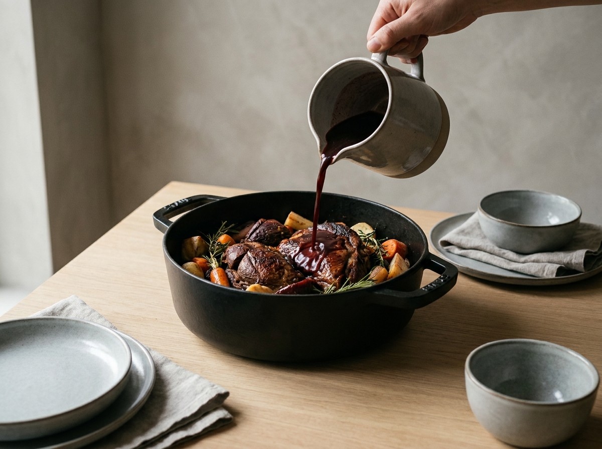 Adobo de vino incorporándose al guiso con el jabalí