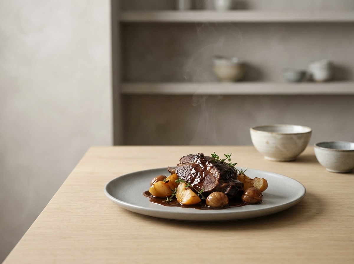 Jabalí en adobo en plato de cerámica gris piedra: caza melosa en salsa oscura con trozos de membrillo y castañas, de sabor agridulce.
